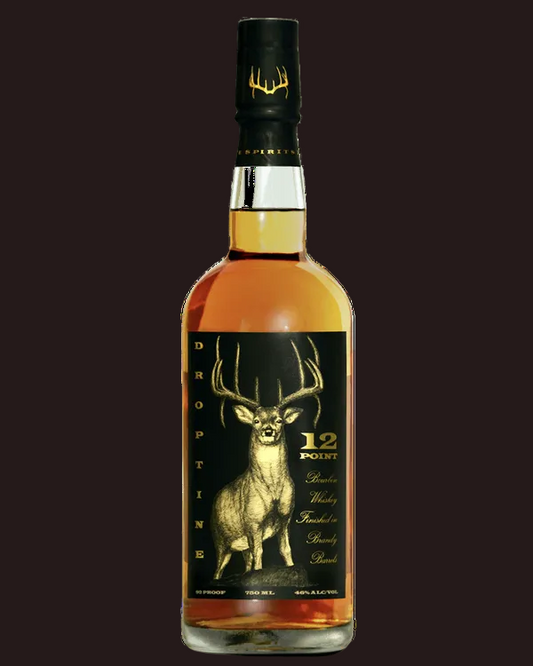 Bottle of 12 Point Whiskey with a deer label on a white background